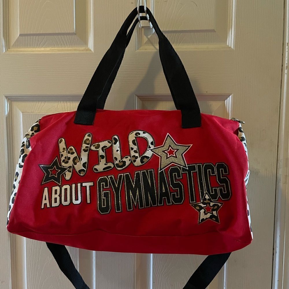 Justice Red and Cheetah print Gymnastics bag gold glitter accents black straps